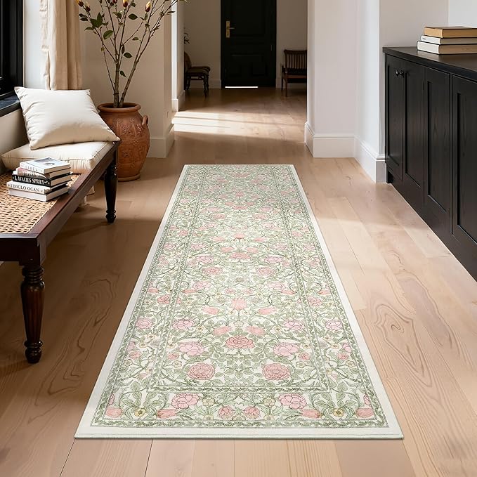 GarveeHome Pink Green Beige Floral 2x6 Kitchen Runner Rug for Hallways | Washable Entryway Bedroom Bathroom Girls Dorm Rug Vintage Boho Rugs Low-Pile Non-Slip Stain Resistant TPE Backing