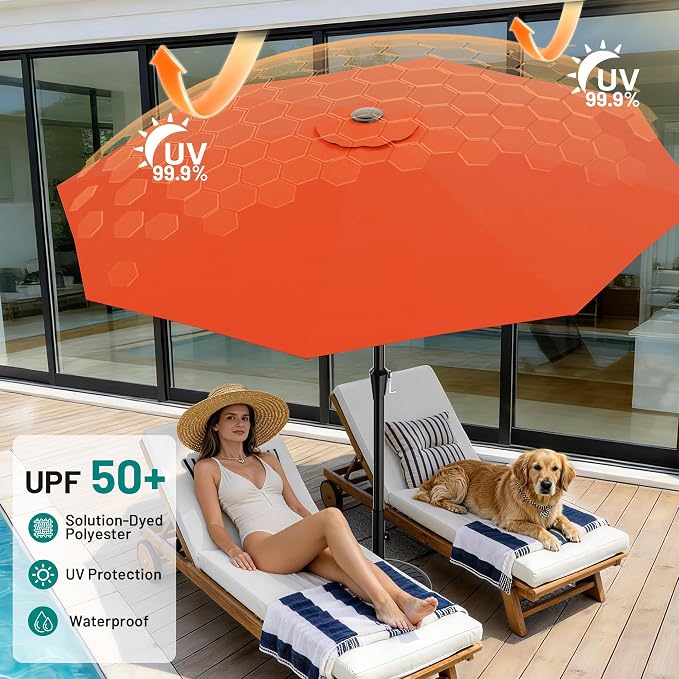 AreShark 10 FT Outdoor Patio Umbrella, Patio Table Umbrella with Push Button Tilt and Crank, Outdoor Patio Umbrellas with 8 Fiberglass Ribs, Patio Umbrellas for Market, Garden, Pool (Orange)