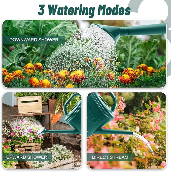 Watering Can for Indoor & Outdoor Plants, Plant Watering Can with Stainless Steel Shower Head, 1 Gallon Plastic Watering Can for Garden, Flowers, Vegetable, Greenhouse (Dark Green, 1 Gallon)