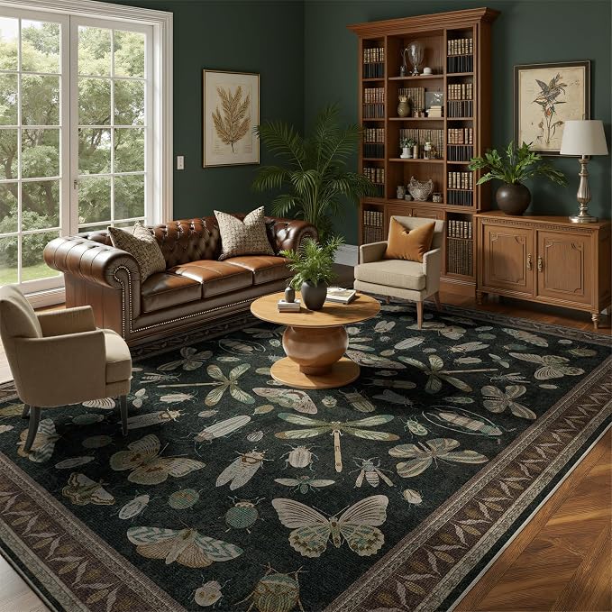 DCX 8x10 Washable Bug Rug for Living Room, Soft Low Pile Rug, Black | Easy to clean, non-shedding, soft, kid & pet friendly, with a non-slip rubber backing for bedrooms, and nature-themed decor
