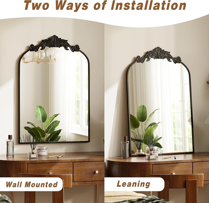Vintage Arched Bathroom Mirror, 24x36 Inch Retro Matte Black | Wall Mounted Vanity Mirror with Carved Pattern Top and Metal Frame, Decorative Mirror for Hanging or Leaning
