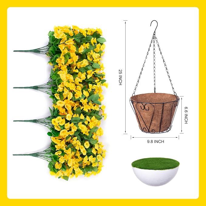 Ammyoo Artificial Faux Hanging Flowers Basket for Spring Summer Outdoor Porch Decor, Fake Silk Colorful Morning Glory Eucalyptus in Planter UV Resistant Look Real for Home Balcony Yard(Yellow)