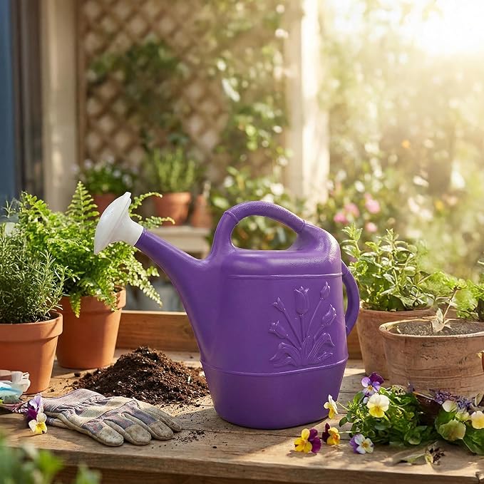 Union Products 63071 2 Gallon Plastic Indoor/Outdoor Watering Can w/Tulip Design for Garden, Potted Plants, & Patio Pots, Purple