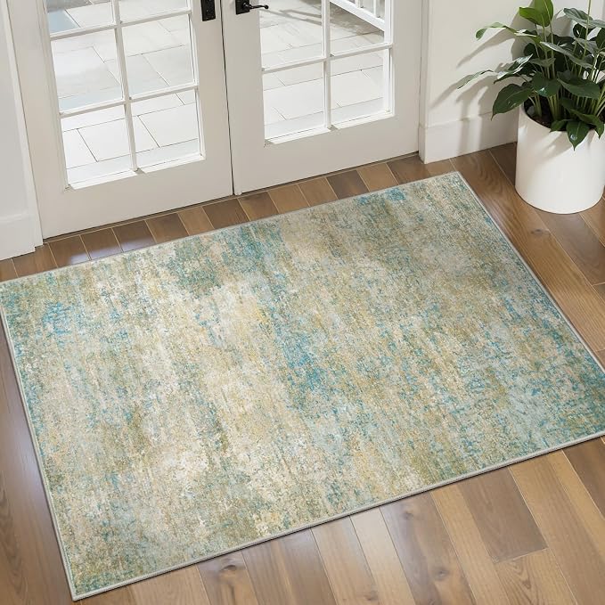 Tangsoo Abstract 2x3 Washable Rugs for Entryway, Small Area Rug Non Slip | Modern Low Pile Soft Throw Rugs, Indoor Front Door Mat Rug for Entrance Entry Foyer Kitchen Bathroom Blue Grey Home Decor