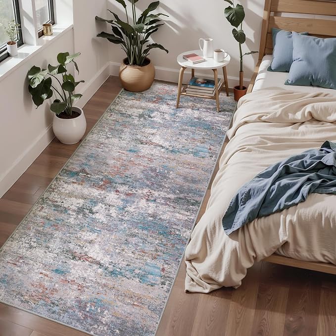 Abstract 2x6 Washable Runner Rug for Hallway, Modern Non Slip Runner Rugs | Tangsoo Contemporary Indoor Soft Low Pile Rug Print Carpet Runners for Laundry Entryway Bedroom Kitchen Blue Grey Home Decor