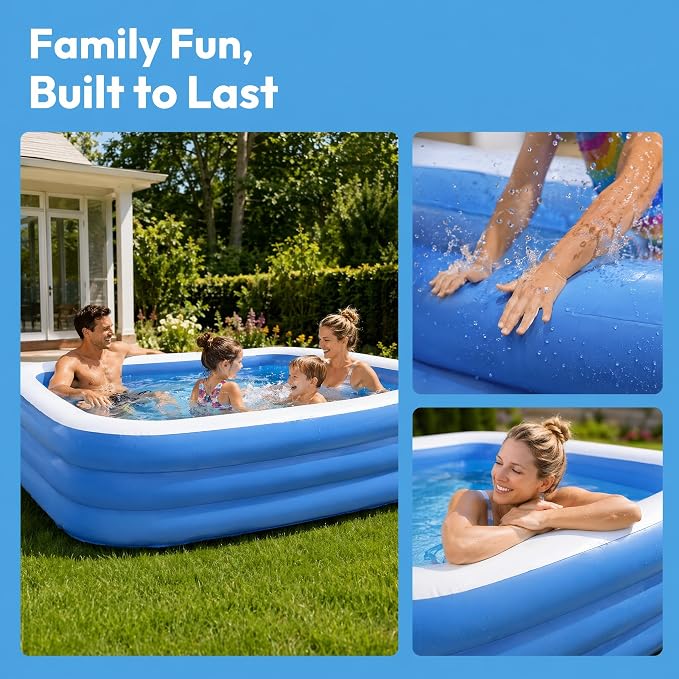 Title Inflatable Swimming Pool for Adults and Kids 112"×65"×20", Thickened PVC Blow Up Family Pool with Electric Pump, 3 Air Chambers, Outdoor Backyard Garden Summer