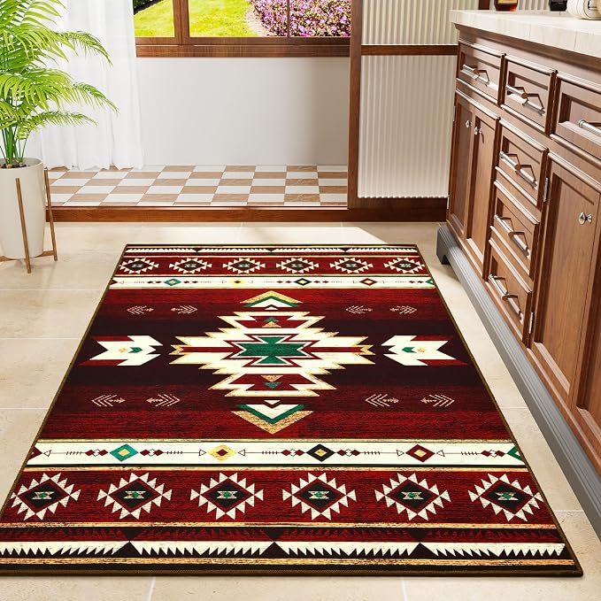 BENRON Western Rugs for Living Room Bedroom 3x5, Non Slip Washable, Red | Southwest aztec Throw Area Rugs for Dining Table Kitchen Home Decor