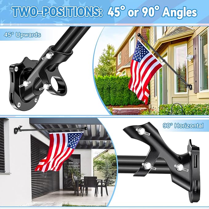 1" Flag Pole Holder for Outside House, REERON 2-Positions Metal Flagpole Brackets Mount, Aluminium Rustproof Flag Pole Wall Porch Mounting Bracket with 3 Fixed Holes & Steel Hardwares (Black-2 Pack)
