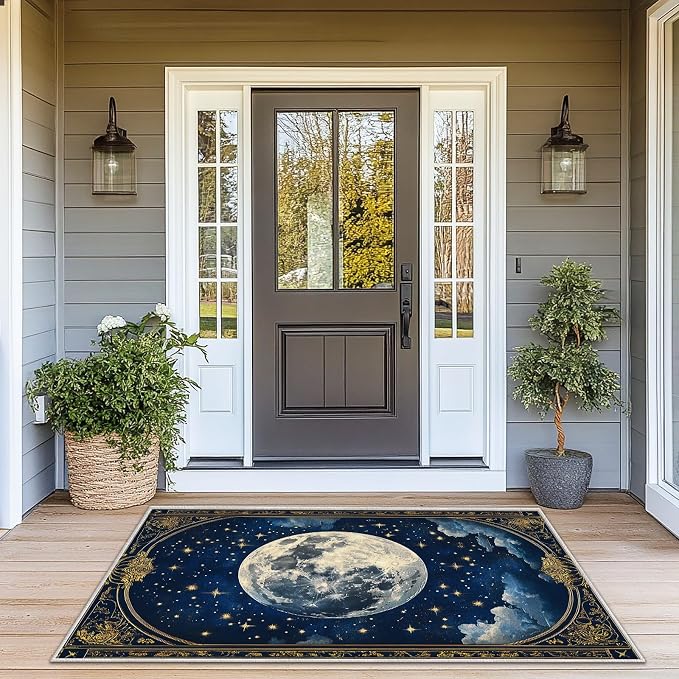 Boho Area Rug for Living Room Vintage Full Moon 3x5 Entryway Rug Modern Celestial Stars Rugs Non Slip Low Pile Machine Washable Blue Golden Floor Carpet for Indoor Bedroom Dining Room Kitchen