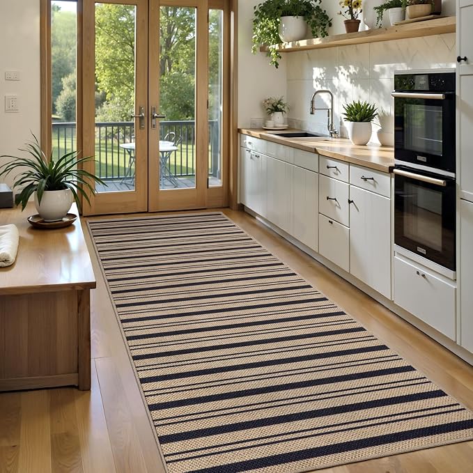 Tangsoo Easy Jute 2.6x10 Washable Runner Rug for Hallway,Non-Slip Long Rug | Modern Thin Outdoor Runner Mat Farmhouse Indoor Stripe Long Carpet Runner for Porch Laundry Bedroom Living Room Entryway