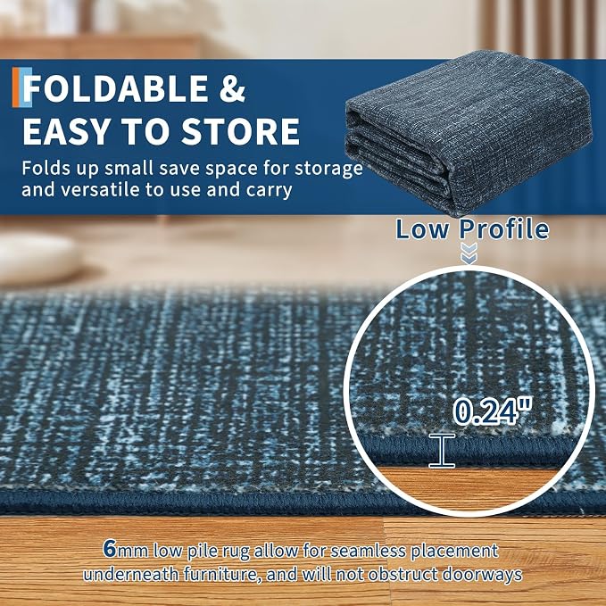 Garvee Modern Living Room Rugs 9x12 Dining Room Rugs for Under Table, Navy | Machine Washable Non Slip Solid Color Non Shedding Low Pile Stain Resistant Foldable Neutral Soft Rug for Bedroom Nursery