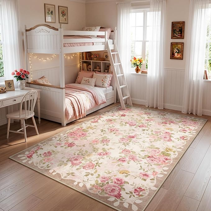 Lahome Washable Area Rug 6x9,Nursery Rug Girl Pink Dorm Rug | Vintage Girls Rugs for Bedroom Ultra-Thin Non Slip Carpet for Playroom Closet Dorm Room Decor Nina (6'X9',Beige)