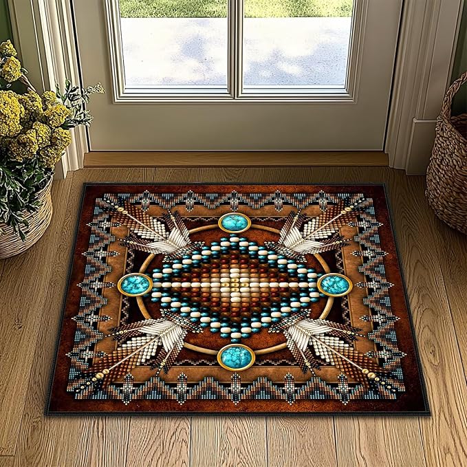 Southwestern Entryway Rug 2x3 Washable Kitchen Rug Ulta-Thin Non-Slip Low Pile Indoor Entrance Door Mat,Aztec Tribal Native American,Western Throw Rugs Vintage Small Accent Rugs for Bathroom,Bedroom
