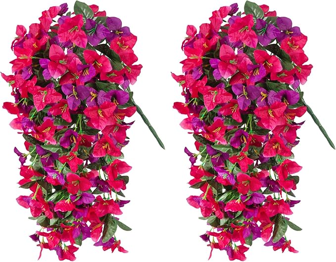 INXUGAO 2 pcs Artificial Faux Bougainvillea Flowers Plants for Outdoor Outside Summer Decoration, Fake Silk UV Resistant Long Trailing Vines for Front Door Porch Planter Balcony (Rose Deep Lotus)
