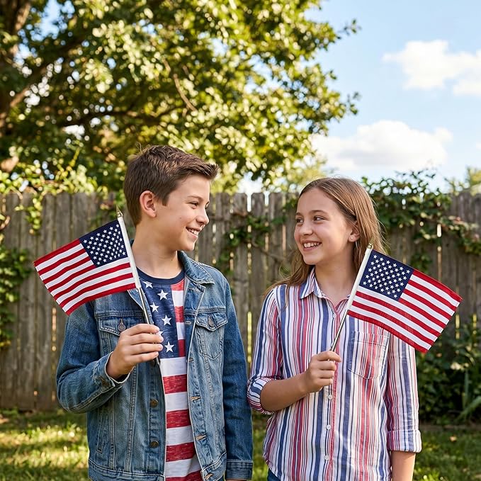 12x18 inch Small American Flag on Stick 12 Pcs for 250th Anniversary, Mini Hand Held US USA Flags with Retractable Stainless Steel Pole for Outside Yard 4th of July Decorations