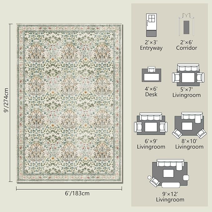 Washable Area Rug 6x9 - Oriental Vintage Dining Room Rug for Living Room, Bedroom, Kids Playroom & Baby Nursery - Low Pile, Non-Slip, Lightweight & Stain Resistant