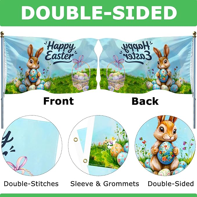 Easter Flag 3x5 Ft Double Sided Printed for Outside Polyester Happy Easter Banner Spring Garden Flag Rabbit Eggs Banner with 2 Grommets for Farmhouse Lawn Holiday Yard Indoor Outdoor Party Gifts