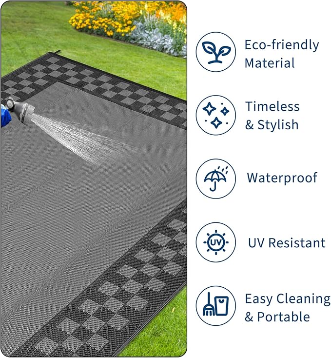 Patio Modern Geometric Border Outdoor Rug 10x14 Waterproof Large Reversible Camping Mat Foldable Lightweight Plastic Straw Outdoor Rug for Deck, Porch, Camper, Balcony, Beach, Rv，Black/Grey