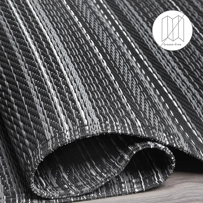 Fab Habitat Outdoor Rug - Waterproof, Fade Resistant, Crease-Free - Premium Recycled Plastic - Striped - Large Patio, Deck, Sunroom, Camping, RV - Cancun - Midnight - 6 x 9 ft