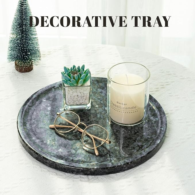 Karibiber Natural Marble Tray, 11.8in Serving Tray for Fruit, Round Decorative Vanity Stone Plate for Jewelry&Key, Quality Storage Dish for Kitchen Coffee Table and Bathroom Desktop, Blue Pearl