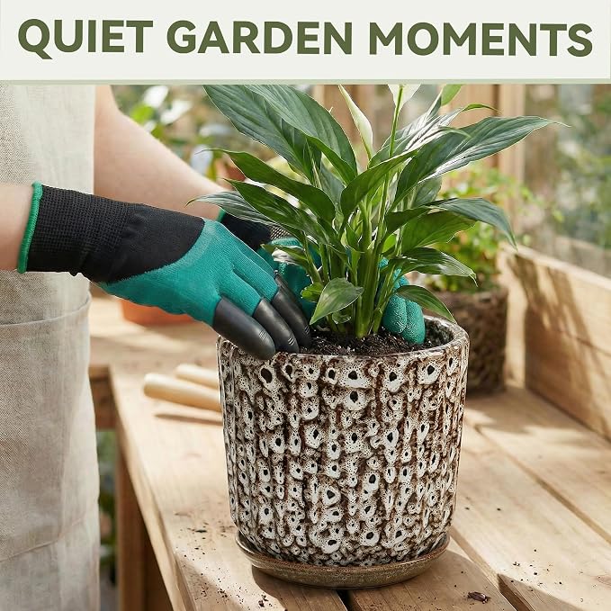 10 Inch Ceramic Planter Pot with Saucer Drainage Leak-Proof Mesh,Flower Pots for Indoor Plants with Gardening Gloves,Ceramic Planter(Spotted-White)