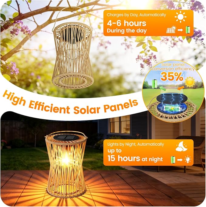Solar Lanterns Outdoor Waterproof 2 Pack, Upgraded Rattan Hanging Solar Lights for Outside with Handle, Bright Auto On/Off Decorative Outdoor Lanterns for Patio Garden Yard Porch, Gifts for Mom