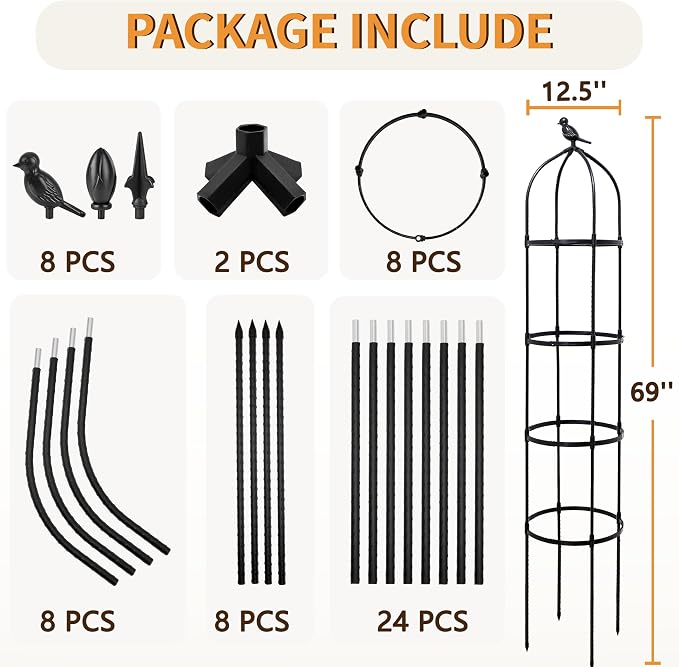 2 Pack Garden Obelisk Trellis for Climbing Plants Outdoor, 6FT Adjustable Metal Plant Support with 3 Decorative Tops, Black Rustproof Trellis for Roses, Tomatoes, Clematis & Vines