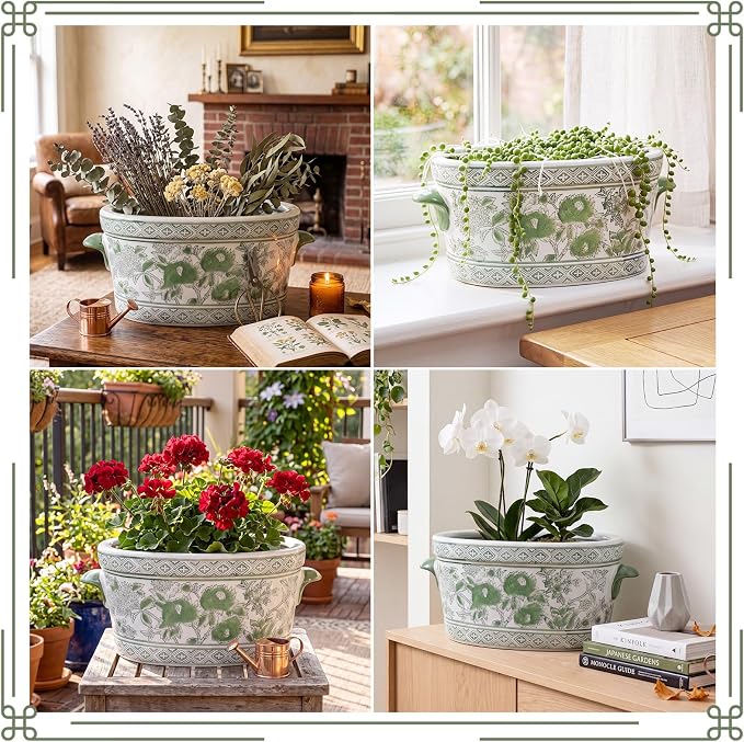 LemonRoad Green and White Ceramic Planter Pot 14 x 7.7 x 6.1 Inches Porcelain Vintage Floral Oval Cachepot Vase Chinoiserie Decor for Indoor Plants Succulents Home((Peony Style)