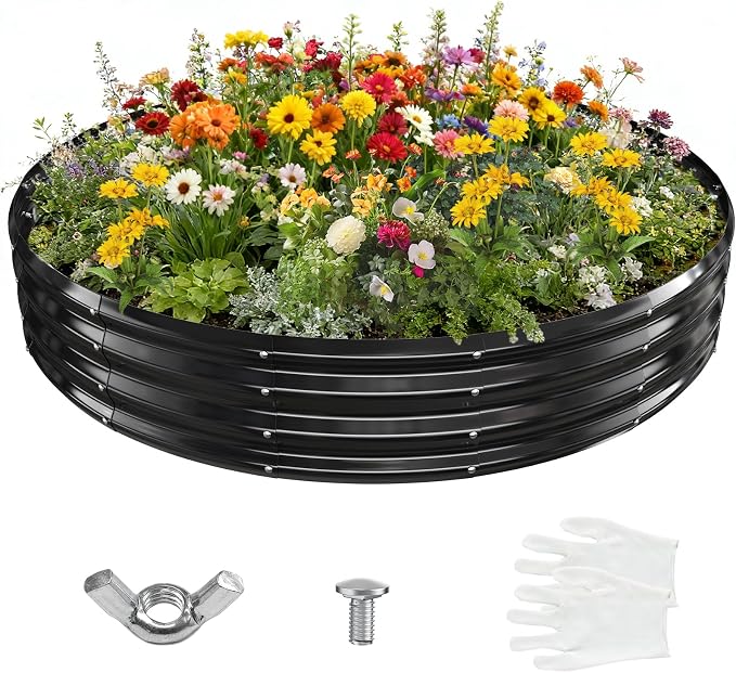 YSEJOMP 6FT Diameter Galvanized Garden Raised Bed/Plant Box/Fire Pit Ring-0.8mm Thick,12 Inch Tall,Crimped Edge and Corner,No Sharpe,Perfect for Plantings (Black, 72 Dia X 12 inches)