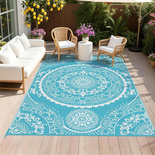 Pauwer Waterproof Outdoor Rug 6x9, Reversible Plastic Straw Patio Camping Rug, Indoor Outdoor RV Mat Carpet for Deck, Camper, Porch, Balcony, Backyard, Picnic, Paisley Teal