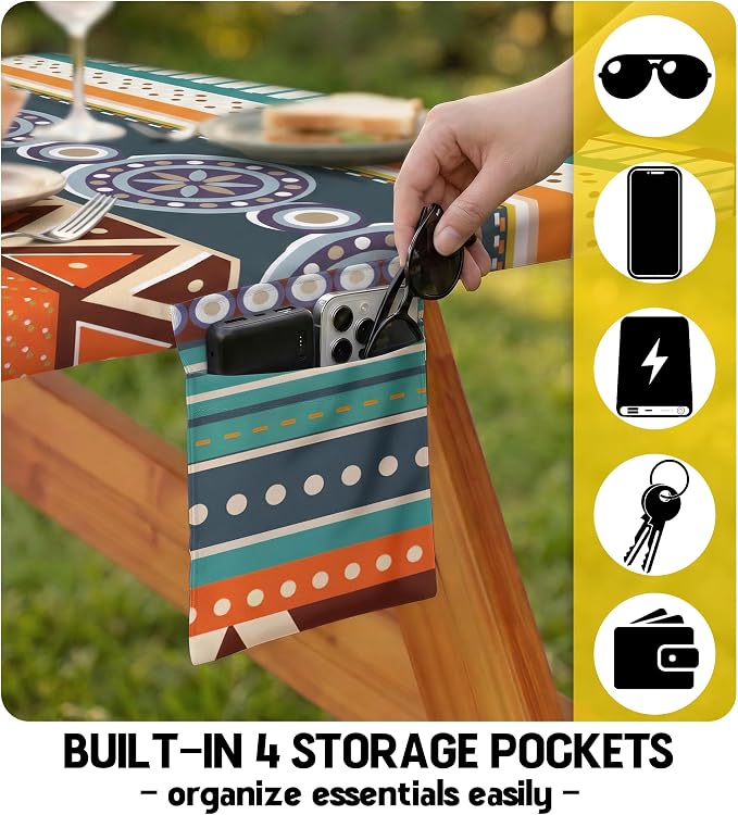 Fitted Picnic Table Cover with Bench Covers Fitted Rectangle Table Cloth Tablecloth Camping Gear Essentials Rv Accessories Road Trip Supplies Car Travel Must Have 6 Ft Foot Feet 72in Bohemian Boho