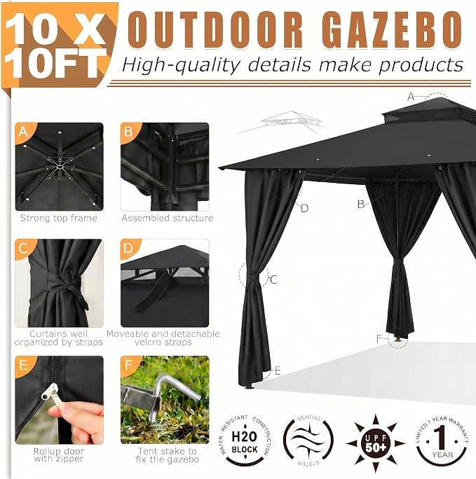 COBIZI 10x10 Gazebo with Double Roof & Mosquito Netting Outdoor Heavy-Duty Party Tent, Patio Tent with Zipper Screens - Backyard Garden Lawn Shelter Includes Wind Ropes Expansion Bolts, Black
