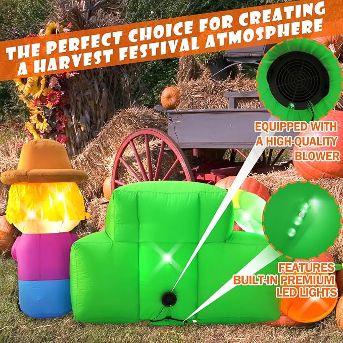 8FT Long Fall Inflatables Outdoor Decorations, Inflatable Scarecrow and Road Sign Pumpkin, Built-in LED Fall Autumn Harvest Thanksgiving Inflatables Blow Ups for Outside Yard Garden Lawn