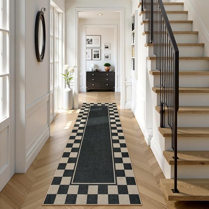 Moynesa Easy Jute Runner Rugs Washable 2.5x8 Entryway Runners Rug for Kitchen Black Checkered Carpet for Indoor Outdoor Non Slip Mat for Hallways Bathroom Bedroom Laundry Living Room Corridor