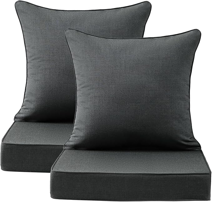 Sunbrella Outdoor Deep Seat & Back Cushion Set (2-Pack), 24 x 24 Inch Water Repellent and Fade Resistant Patio Furniture with Removable Cover for Outside Sofa Couch, Canvas Coal