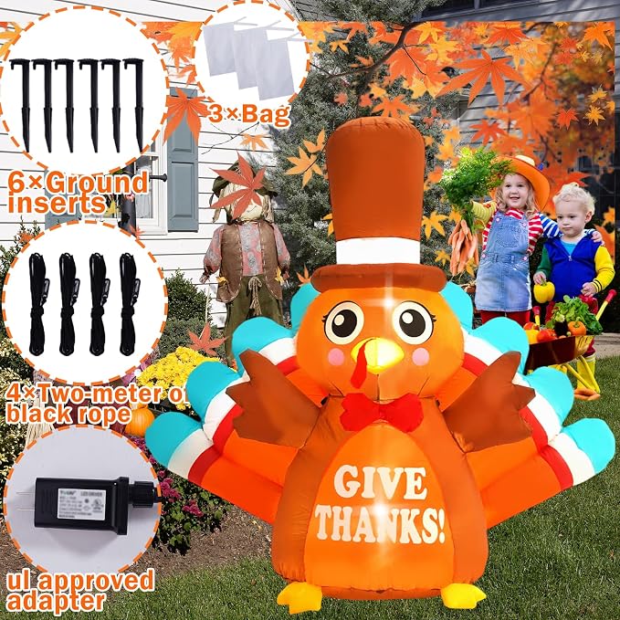 6FT Thanksgiving Inflatable Outdoor Decoration Turkey Inflatable Patio Decoration with Built-in LED Lights, Suitable for Thanksgiving Holiday Party, Patio, Lawn, Garden Winter Decoration