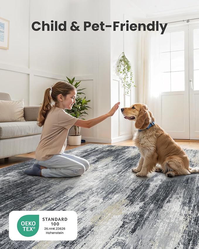 AMADA HOMEFURNISHING 9x12 Area Rugs for Living Room, Modern Large Area Rugs with Non-Slip Backing & Low Pile, Neutral Soft Washable Rug for Nursery, Bedroom, Dinning Room, Playroom, Light Grey