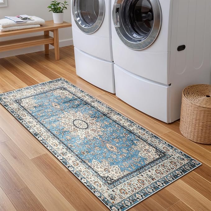 Lahome Felice Oriental Floral Medallion Area Rug - 2x4.3 Blue Hallway Runner Rug Doormat Vintage Faux Wool Throw Rug Non-Slip Washable Low-Pile Carpet for Kitchen Laundry Room Entrance Bathroom