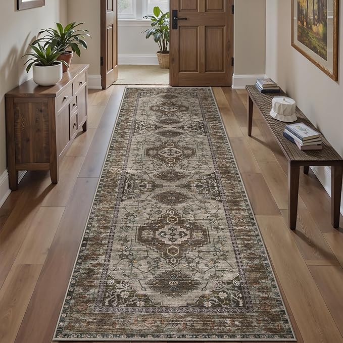 Tangsoo 2.6x8 Washable Runner Rug for Hallways, Non Slip Vintage Runner Rug | Oriental Soft Low Pile Long Rug Runner, Boho Print Carpet Runners for Kitchen Bedroom Entryway Bathroom Living Room Grey