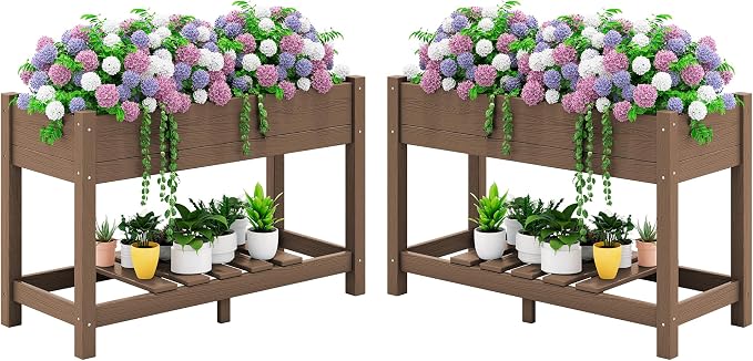 SERWALL Raised Garden Bed with Legs Set of 2, 43"×17"×30" Large HDPE Elevated Planter Box for Vegetables Flower Herb Patio, All Weather Use- Brown