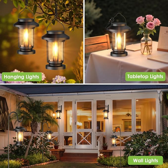 Greluna Solar Lantern Outdoor, Waterproof Candle Style Bulb Solar Hanging Lights, Auto On/Off Decorative Garden Lights for Patio Yard Porch Pool Pathway Camping Tabletop Decor