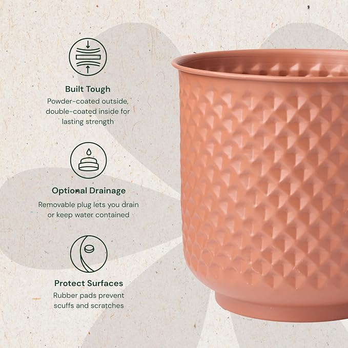 Bloem Prism Indoor Metal Cachepot Set - Includes 6", 8", 10" and 12" Decorative Planters with Powder-Coated Finish, Removable Drain Plugs, Terra Cotta