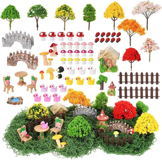 68 Pcs Fairy Garden Accessories Mini Resin Animals Figures | Miniature Ducks Mushroom Ladybug Table and Chairs Bridge Pond Fence Moss Bonsai Landscape Ornaments Kit for Garden DIY Craft
