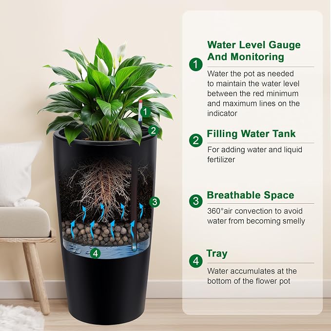 Garvee Tall Planters for Outdoor Plants, 30 in Large Planters Set of 2, Outdoor & Indoor Planters with Water Level Monitor ＆ Inner Bucket, Automatic Watering, for Porch, Patio, Backyard, Black
