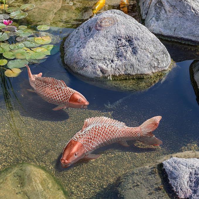 Garden Statues Koi Fish Decor Outdoor Garden Fish Statues, Set of 2 Antique Copper Koi Art Sculptures for Patio, Backyard, Pond and Home Decor, Best Gardening Gifts for Women Mom