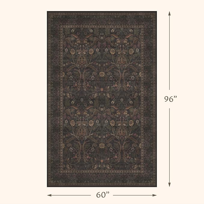 Washable 5x8 Floor Rugs for Living Room, Brown and Black Low Plie Woodland Soft Bedroom Carpet, Southwestern Home Office Décor, Non Slip Floral Funky Dark Academia Rug