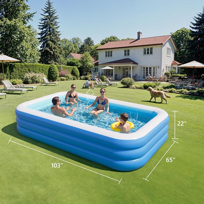 Inflatable Pool for Adults, 103" x 65" x 22" Blow Up Pools, Rectangular Family Swimming Pool