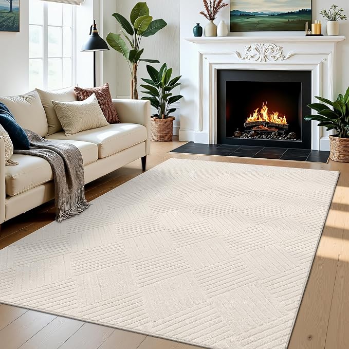 5x7 Living Room Area Rug, Beige Soft Geometric Fluffy Bedroom Mat | Washable Modern Indoor Floor Mat, Non Slip Shaggy Boho Accent Throw Carpet for Office, Dorm, Nursery and Dining Room