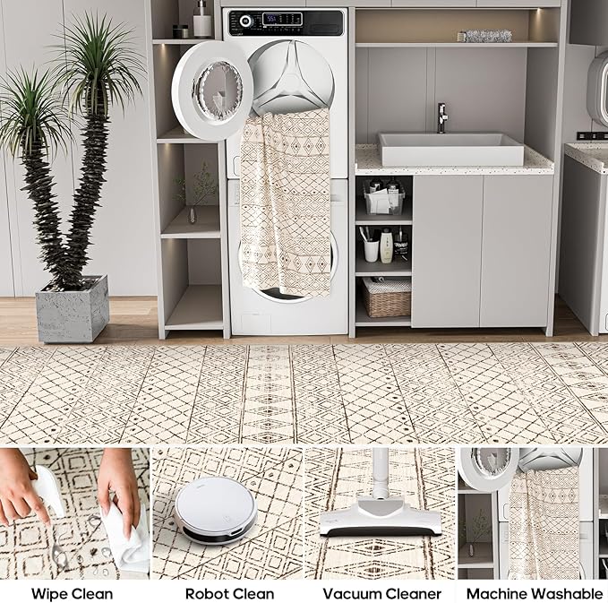2'x6' Hallway Runner Rug Washable: Non Slip Moroccan Runners Beige | Geometric Low Pile Floor Carpet with Rubber Backing Farmhouse Kitchen Mat Indoor Rugs for Front Door Living Room