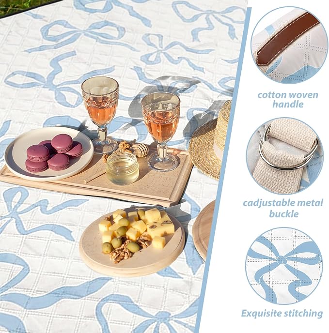 SmoothNovelty Blue Bow Picnic Blanket 80'' x 80'' Waterproof Extra Large Camping Blanket Coquette Picnic Mat Foldable Portable Preppy Outdoor Beach Mat with Carry Strap for Outdoor Grass Lawn Park